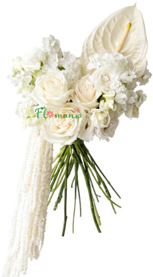 Букет невесты из белых роз и антуриума «Каскад нежности»